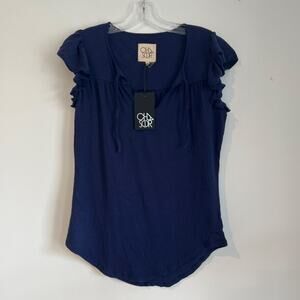 NWT Chaser Tie Front Flutter Sleeve Top Scoop Hem, Blue, Women’s Medium